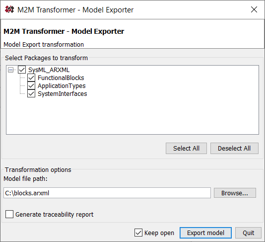 M2M Exporter dialog window
