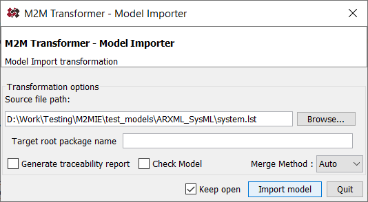 M2M Importer dialog window