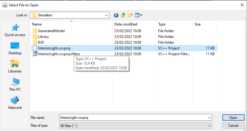 Helper opens FileBrowser for selection of vsxproj
